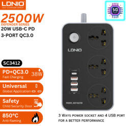 LDNIO 2500W Defender Series 3 Ways Power Socket 4 USB Port UK 3 Pin Power Core 38W PD QC