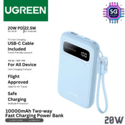 UGREEN Power Bank 10000mAh PD 22.5W 20W Fast Charging Powerbank Built in Dual-Cable Portable