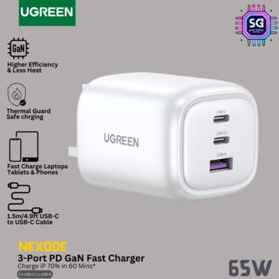 UGREEN 65W GaN Charger Foldable UK Plug 3 Ports Type C PD 3.1 Fast Charging White