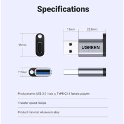 Alternative view of UGREEN USB-A to USB-C Adapter USB-A 3.0 Male to USB 3.1 Type-C Female Connector Adapter 5Gbps Speed