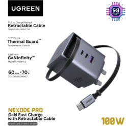 UGREEN NEXODE PRO GAN FAST CHARGE WITH RETRACTABLE CABLE 100W