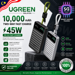 UGREEN 10000mAh 45W Fast Charge Power Bank Built-in USB-C Cable 3-Port [GREY]