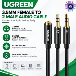UGREEN 3.5mm Male to 2 Port 3.5mm Female Aux Audio Stereo Y Splitter Cable Adapter Earphone Headphone Headset Microphone